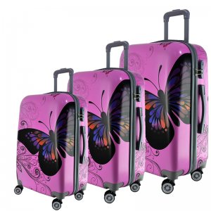 Комплект 3 броя PVC леки спинър- куфари 1309 BUTTERFLY PINK - ПОЛИКАРБОН