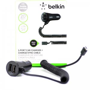 Зарядно за автомобил BELKIN с два порта и вграден кабел за андроид Micro USB