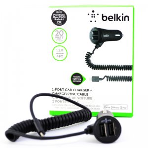 Зарядно за автомобли BELKIN с два USB порта и вграден кабел за iPhone