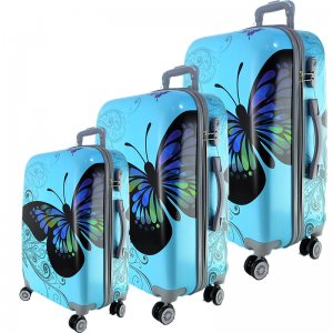 Комплект 3 броя PVC леки спинър- куфари 1309 BUTTERFLY BLUE- ПОЛИКАРБОН