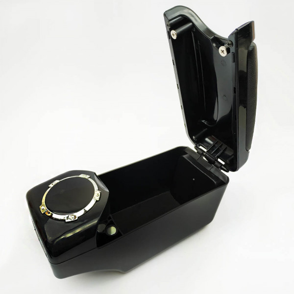 Стилно подлакътно барче 75319-SBK за кола с кожени и хромирани елементи, магнитно затваряне и поставка за чаша