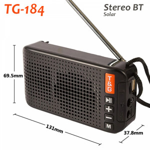 Мощна соларна BT колонка Stereo TG-184 ЧЕРНА - портативна, безжична, поддържа TWS