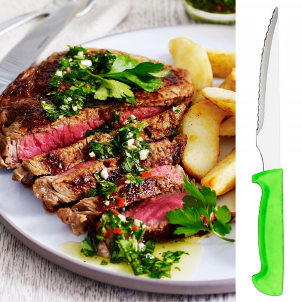 Комплект 6бр. неръждаеми ножчета за стек с назъбени остриета, 22см. цветна, пластмасова дръжка