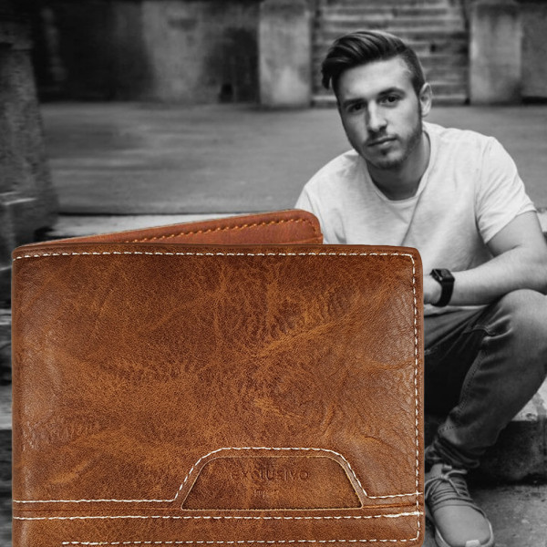 Елегантен мъжки портфейл Exclusivo Men - еко кожа, КАФЯВ с 2 главни отделения и 11 джоба