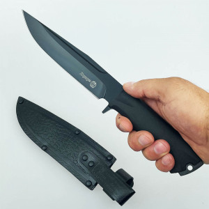 Ловен руски нож КИЗЛЯР КОРШУН (Kizlyar) с кожена кания, калъф, кутия - пълен комплект -BLACK - с черно острие