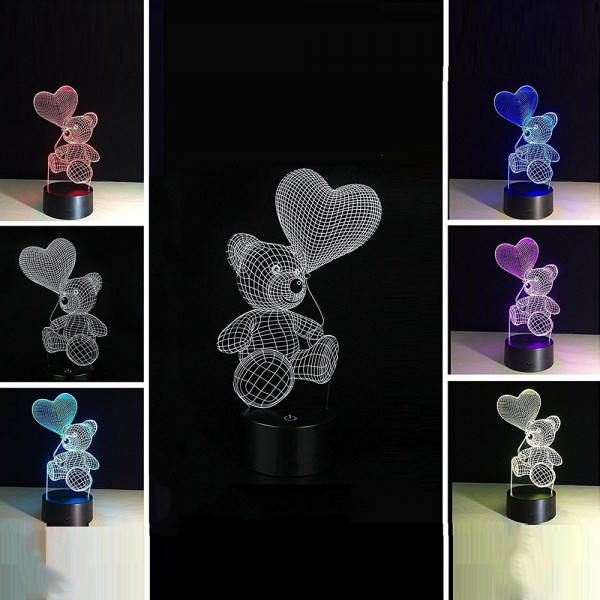 Холограмна LED лампа CREATIVE 3D TEDDY BEAR RGB, с дистанционно управление и много цветове