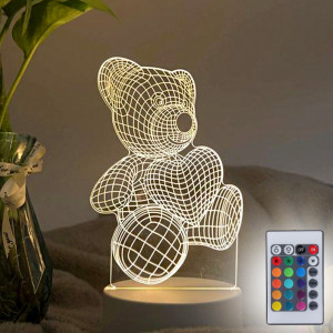 Холограмна LED лампа CREATIVE 3D TEDDY BEAR HEART RGB, с дистанционно управление...