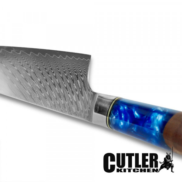 Професионален кухненски нож DAMASK CUTLER BLUE SANTOKU J005, 67-слойна японска дамаска стомана