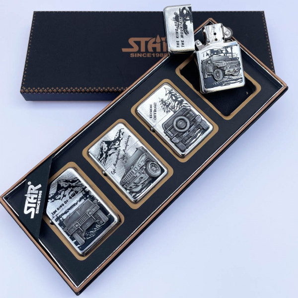Комплект 4 луксозни метални запалки JEEP SILVER в подаръчна кутия