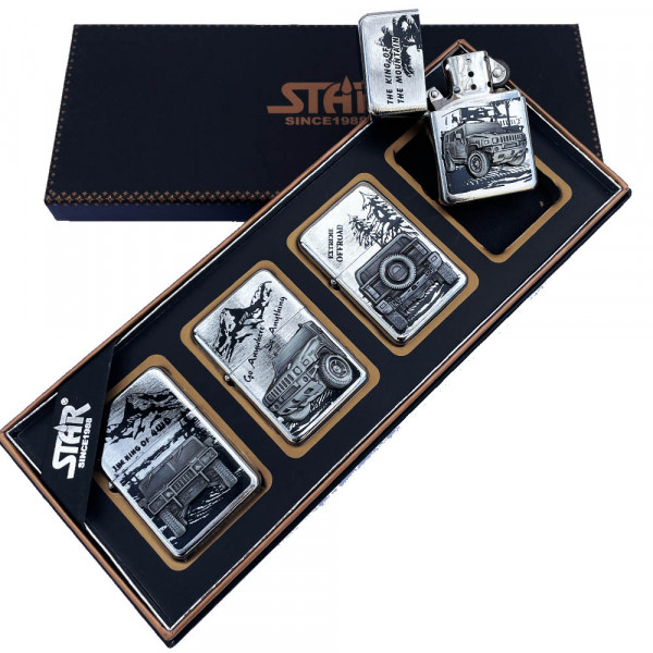 Комплект 4 луксозни метални запалки JEEP SILVER в подаръчна кутия