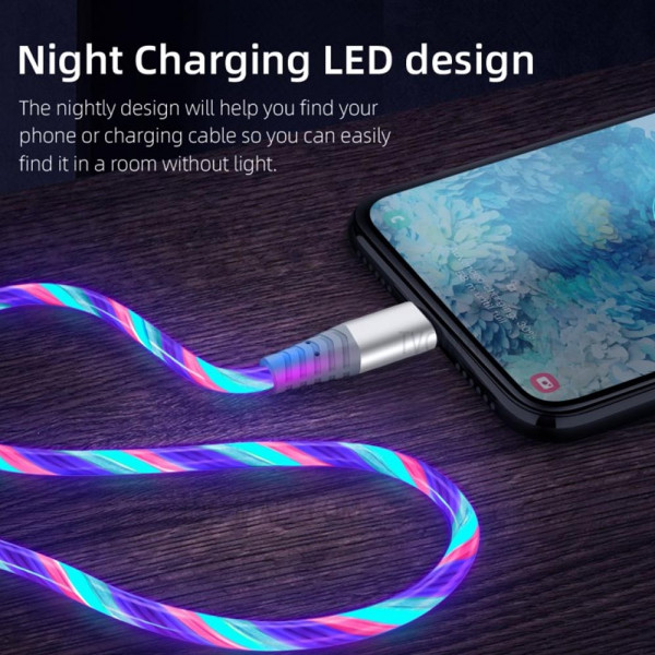 Светещ 3в1 LED кабел за зареждане на мобилни устройства, ЧЕРВЕН - USB, Type C, Iphone