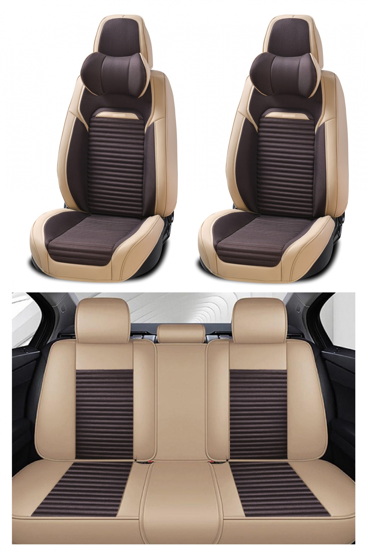 Пълен Комплект Универсална Тапицерия, Калъфи За Автомобилни Седалки Лукс Еко Кожа Бежово и Кафаво, Цвят Кафе