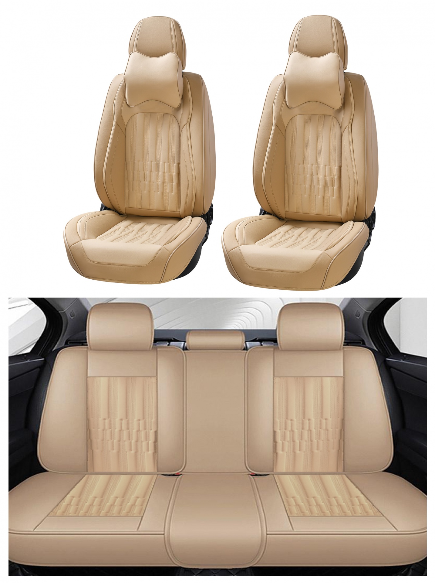 Пълен Комплект Универсална Тапицерия, Калъфи За Автомобилни Седалки Лукс Еко Кожа в Бежово, с възглавнички