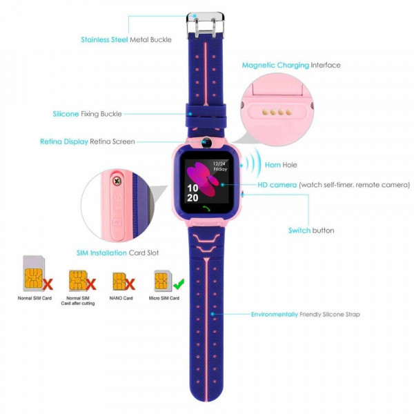 Детски смарт часовник 05 BLUE-PURPLE, сим карта и камера, LBS Tracking, Водоустойчив, Лилав/ СИН