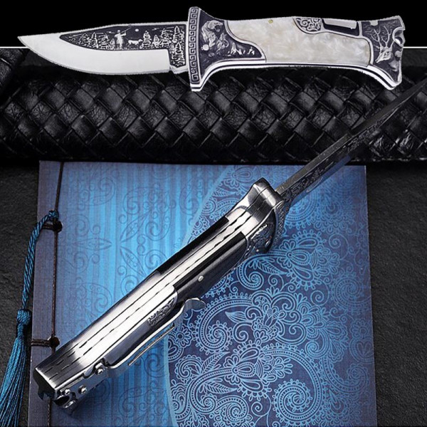 Класен сгъваем ловен нож HUNTING TIGER PEARL, стомана 440C, кожена кания телешки бланк