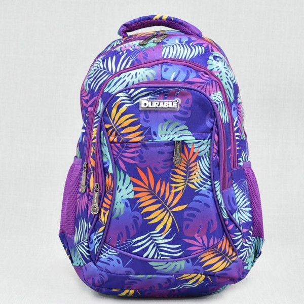 Голяма ученическа раница Durable 1825 PURPLE LEAVES с много джобчета и дишащ гръб, свеж десен, 44 см