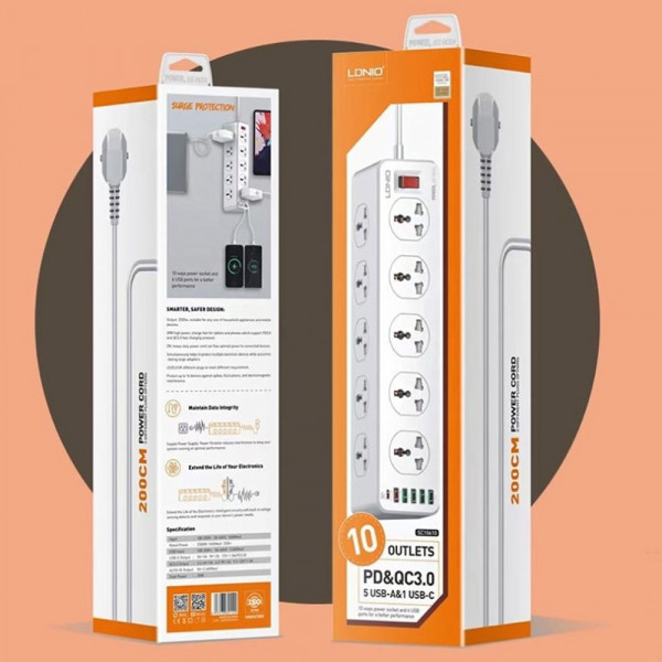 16в1 Разклонител LDNIO 30W, 10 х Гнезда, 1 PD, 1 QC, 4 USB, EU Plug - Atron