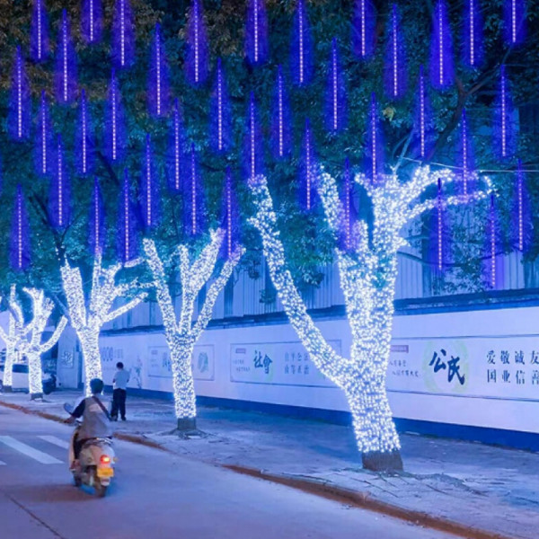 Коледни LED висулки падащ сняг METHEOR BLUE, 8 броя по 50 см, линия 3 метра, каскадно свързване