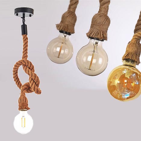Луксозна висяща лампа конопено въже 2м, винтидж, фасонга Е27, метален обков, пендел, без крушка, BF22