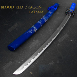 Голям традиционен японски меч КАТАНА BLOOD BLUE DRAGON с дървен калъф и дърворезби