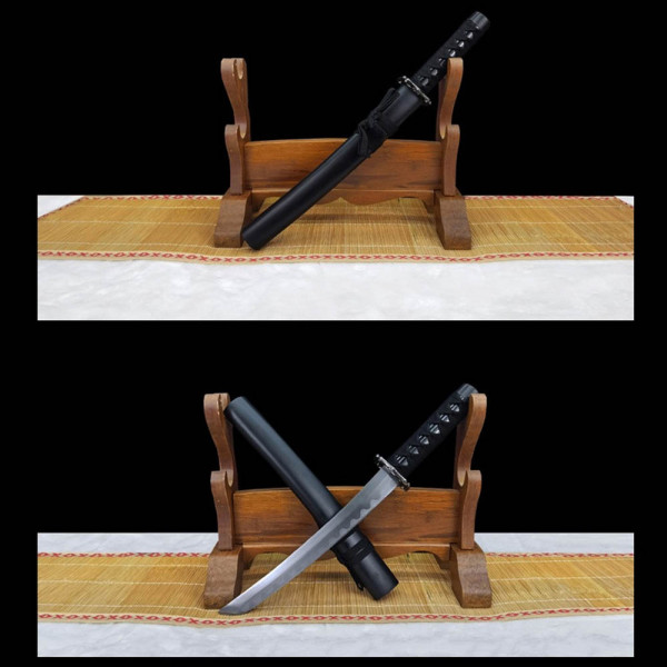 Подаръчен комплект японски мечове с поставка - Katana, Wakizashi, Tanto PURE BLACK, с дървени ножници, незаточени, BF22