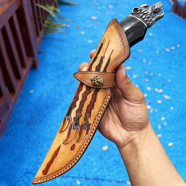 Ловен нож Damaskus MONSTER WOLVERINE, ръчна изработка, дамаска стомана 60HRc VG10 75 слоя, телешка кожена кания Monster