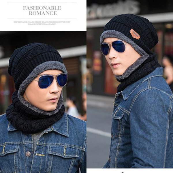 Зимна плетена шапка с шал, топла и пухкава, ЧЕРНА - HAT AND SCARF