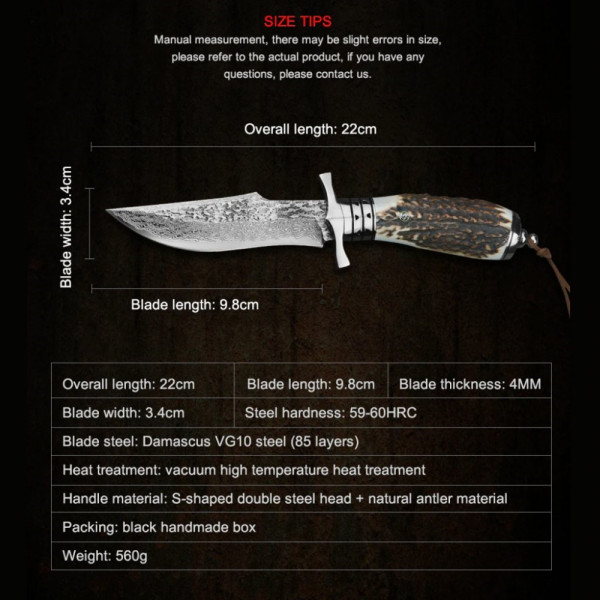 Висок клас ловен нож DAMASKUS DEER, дамаска стомана VG10 85 слоя, дръжка рог, кожена кания. Ръчна изработка