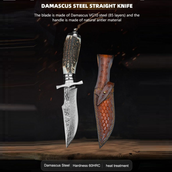 Висок клас ловен нож DAMASKUS DEER, дамаска стомана VG10 85 слоя, дръжка рог, кожена кания. Ръчна изработка