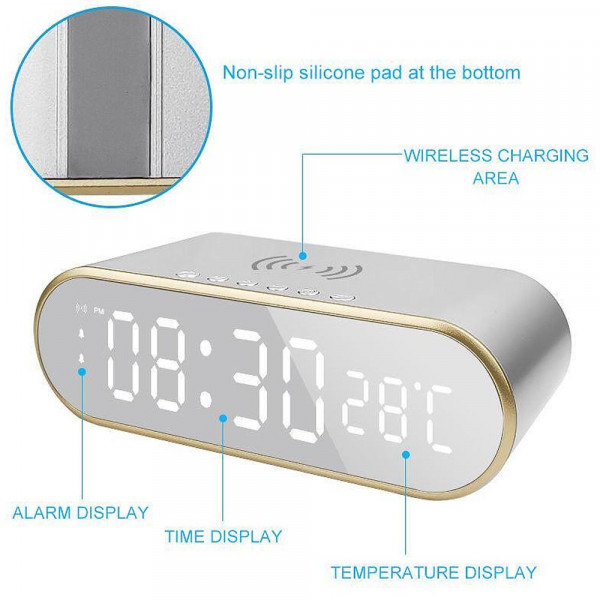 LED часовник с будилник и безжично зарядно в едно W628 - термометър, будилник, сив