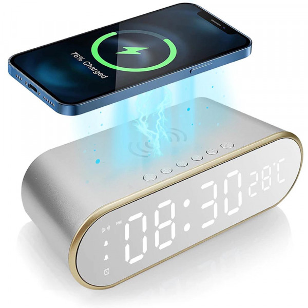 LED часовник с будилник и безжично зарядно в едно W628 - термометър, будилник, сив