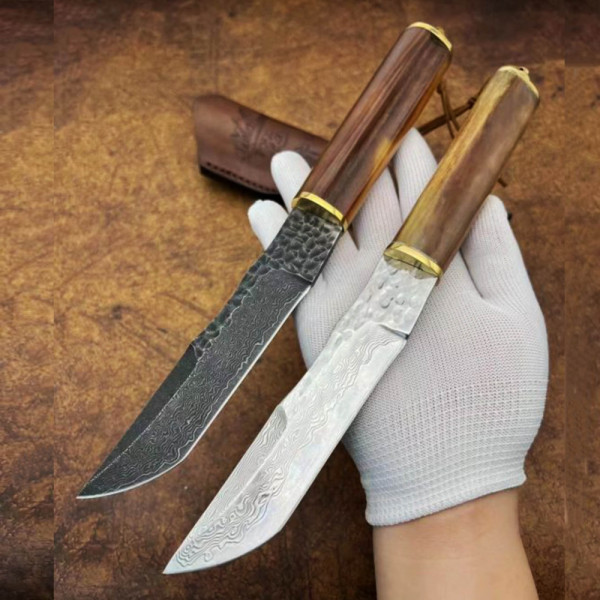 Японски танто нож CAMEL GUARDIAN TANTO DAMASKUS BLACK, дръжка камилска кост, кожена кания, подаръчна кутия