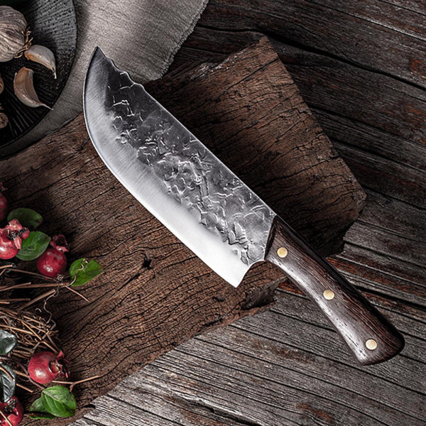Японски ръчно изработен широк и тежък кухненски нож  BLACKSMITH 05, 382 гр, кована стомана 5CR13Mov, фултанг, BF23