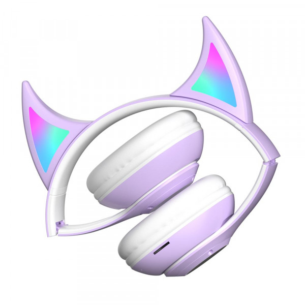 Сладурски безжични слушалки ДЯВОЛЧЕ със светещи цветни LED ушички STN 25, лилави