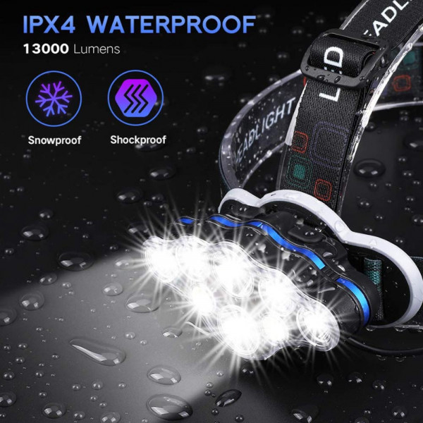 Първокласен челник с 8 светодиода - 13000 Lm, бяла/червена светлина,