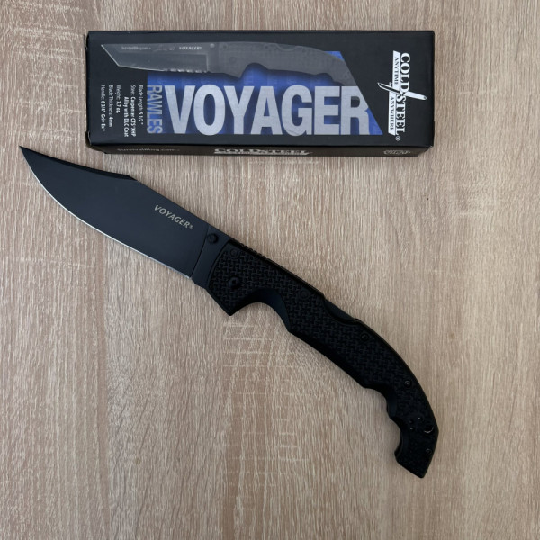 Огромен сгъваем ловен нож COLD STEEL VOYAGER BLACK, стомана CTS-BD1, подаръчна кутия, резервна скоба за закачане