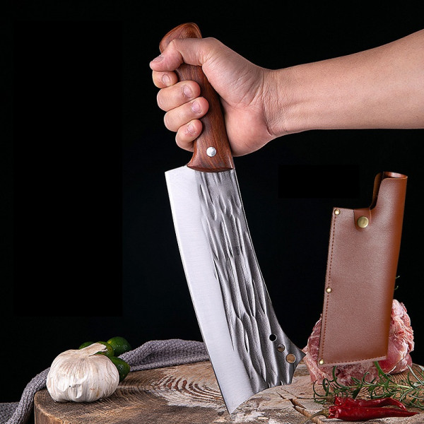 Тежък японски кухненски нож - сатър Nikiri SANTOKU,  фултанг, кована стомана 5CR13Mov, 615 gr.