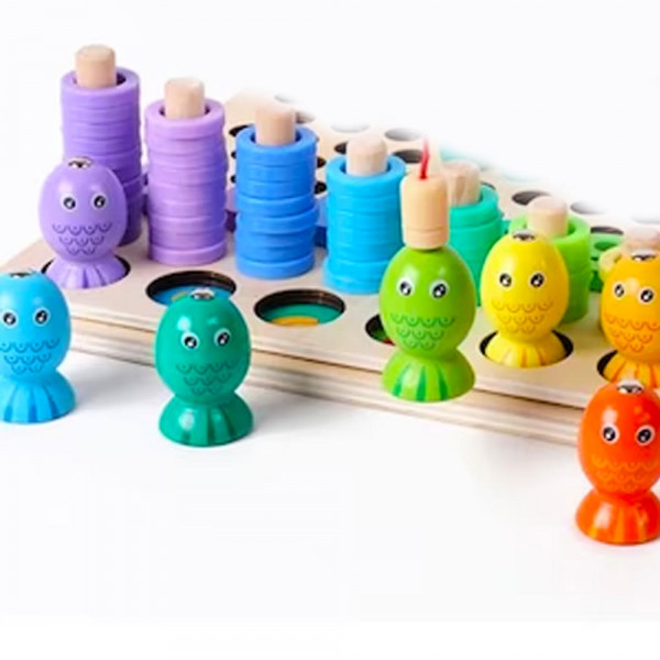 🥰Голяма образователна цветна детска игра Монтесори - дървена дъска с рибки, рингове, формички и цифри, детенце учи CSDW-009, MNT🌞