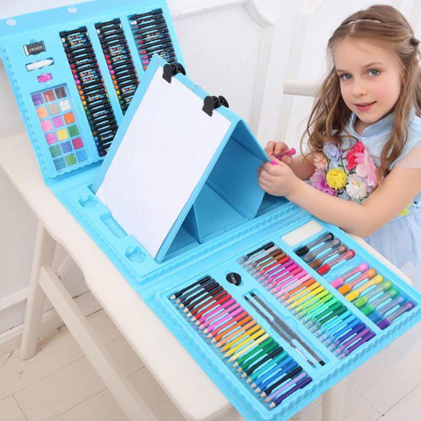 Детски цветен комплект за рисуване със статив от 208 части - СИН