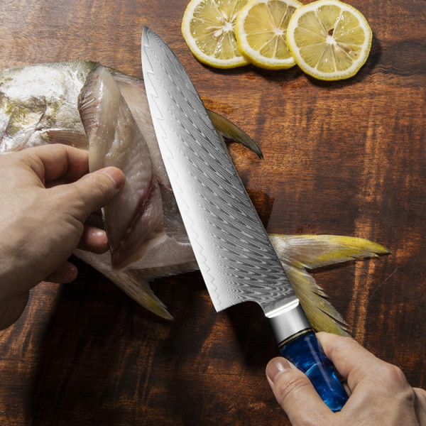 Професионален кухненски нож DAMASK CUTLER BLUE CHEF J015, 67-слойна японска дамаска стомана с висока твърдост 61HRc