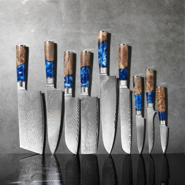 Професионален кухненски нож DAMASK CUTLER BLUE CHEF J015, 67-слойна японска дамаска стомана с висока твърдост 61HRc