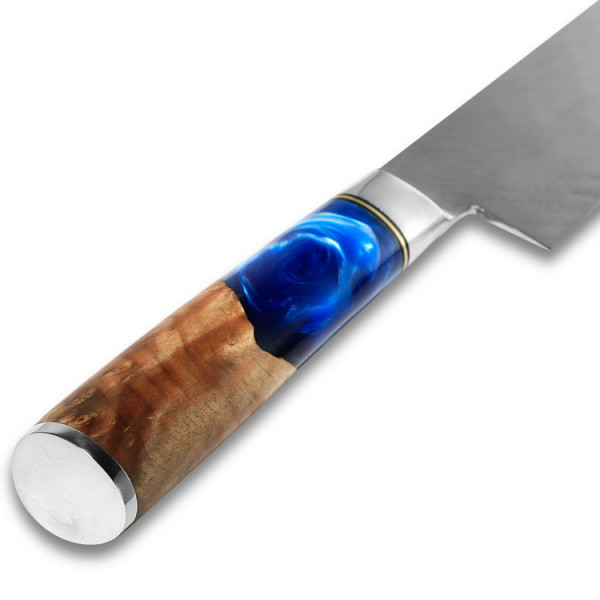 Професионален кухненски нож DAMASK CUTLER BLUE CHEF J015, 67-слойна японска дамаска стомана с висока твърдост 61HRc