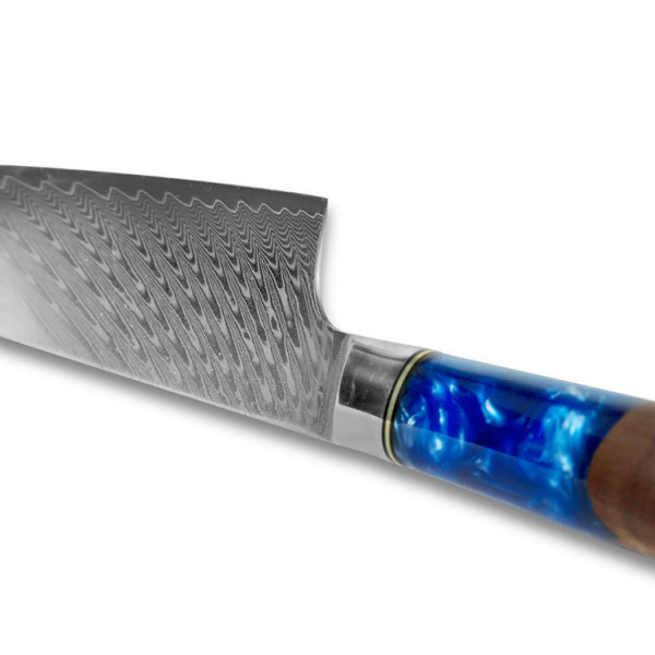 Професионален кухненски нож DAMASK CUTLER BLUE CHEF J015, 67-слойна японска дамаска стомана с висока твърдост 61HRc