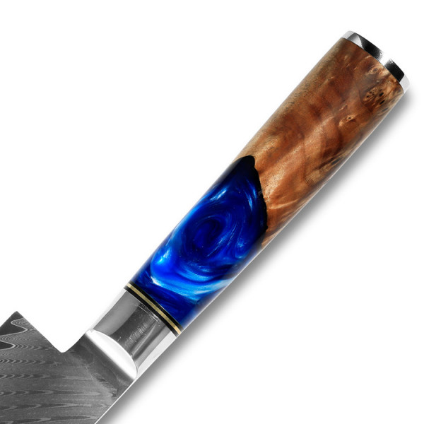 Професионален кухненски нож DAMASK CUTLER BLUE CHEF J015, 67-слойна японска дамаска стомана с висока твърдост 61HRc