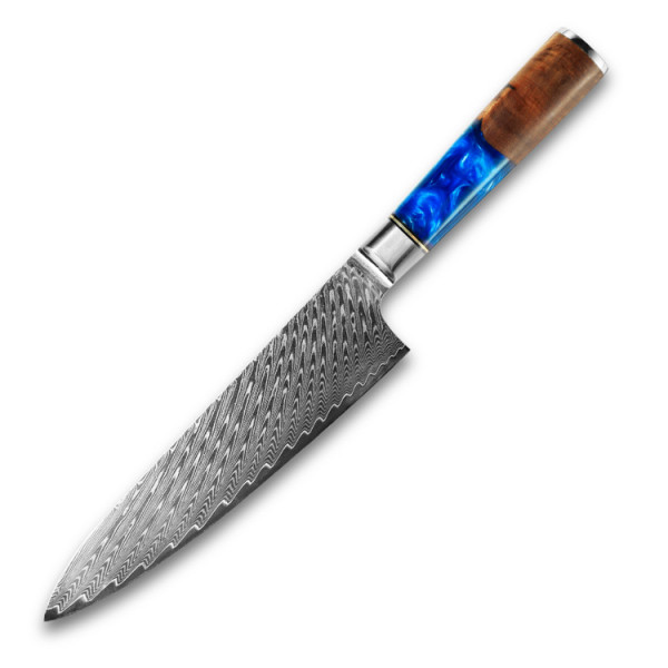 Професионален кухненски нож DAMASK CUTLER BLUE CHEF J015, 67-слойна японска дамаска стомана с висока твърдост 61HRc
