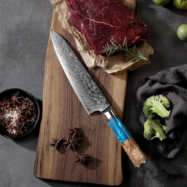 Професионален кухненски нож DAMASK CUTLER BLUE CHEF J015, 67-слойна японска дамаска стомана с висока твърдост 61HRc