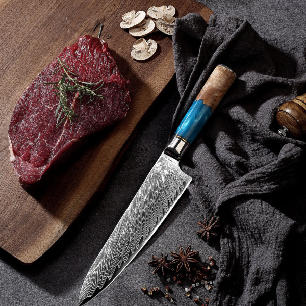 Професионален кухненски нож DAMASK CUTLER BLUE CHEF J015, 67-слойна японска дамаска стомана с висока твърдост 61HRc