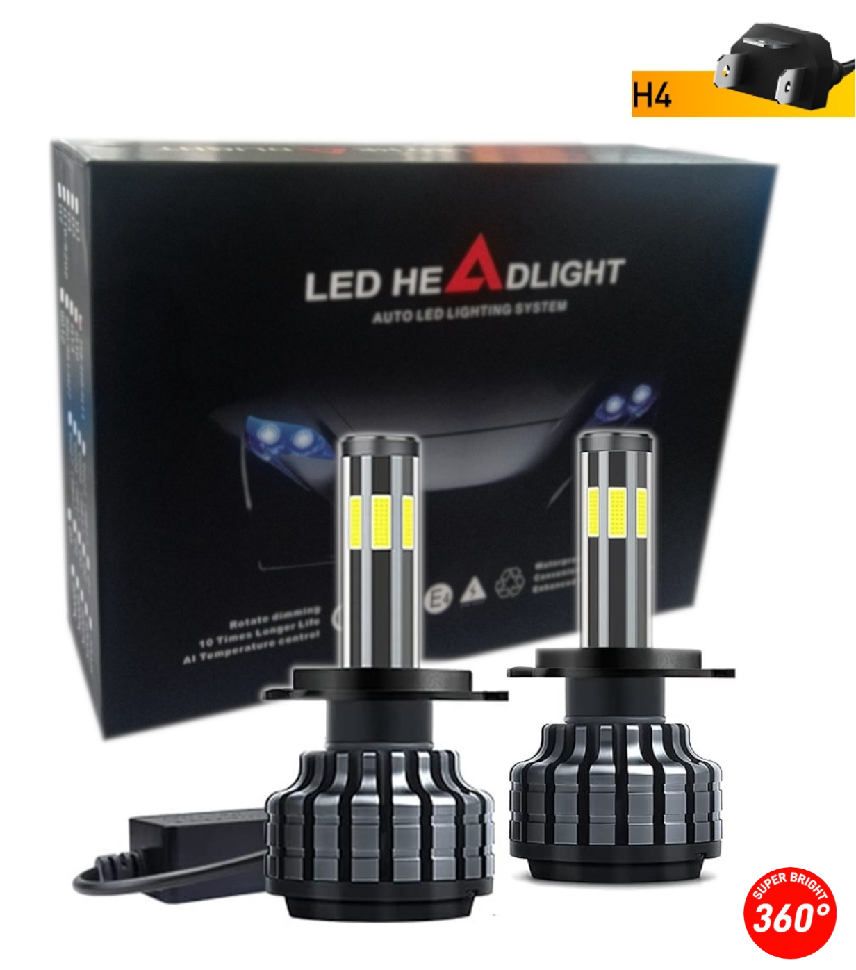 Комплект 360° грагуса CREE LED ЛЕД Диодни Крушки H4 Х4 12V -24V 90W 12000lm За Фарове Can Bus без Грешки къси/дълги