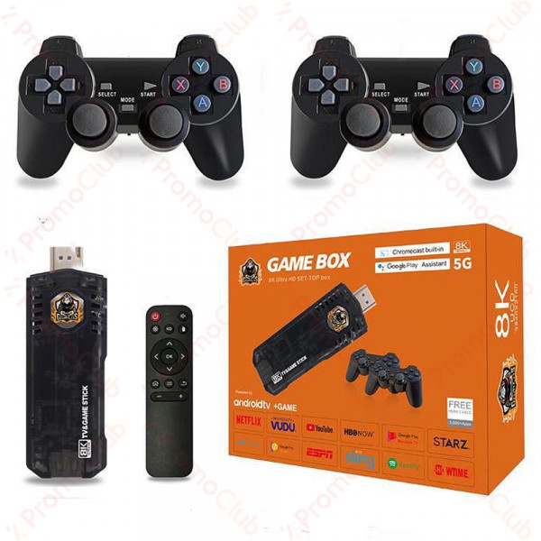 X8 Ретро конзола и TV BOX за видеоигри с вграден Android за телевизор, 8K HD Android TV, Box Game Stick 64G, 10000 игри, 2.4G двоен безжичен контролер