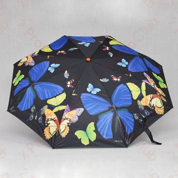 Красив ветероустойчив дамски чадър с двупосочен автомат RAINBOW - BLACK BUTTERFLY 3031